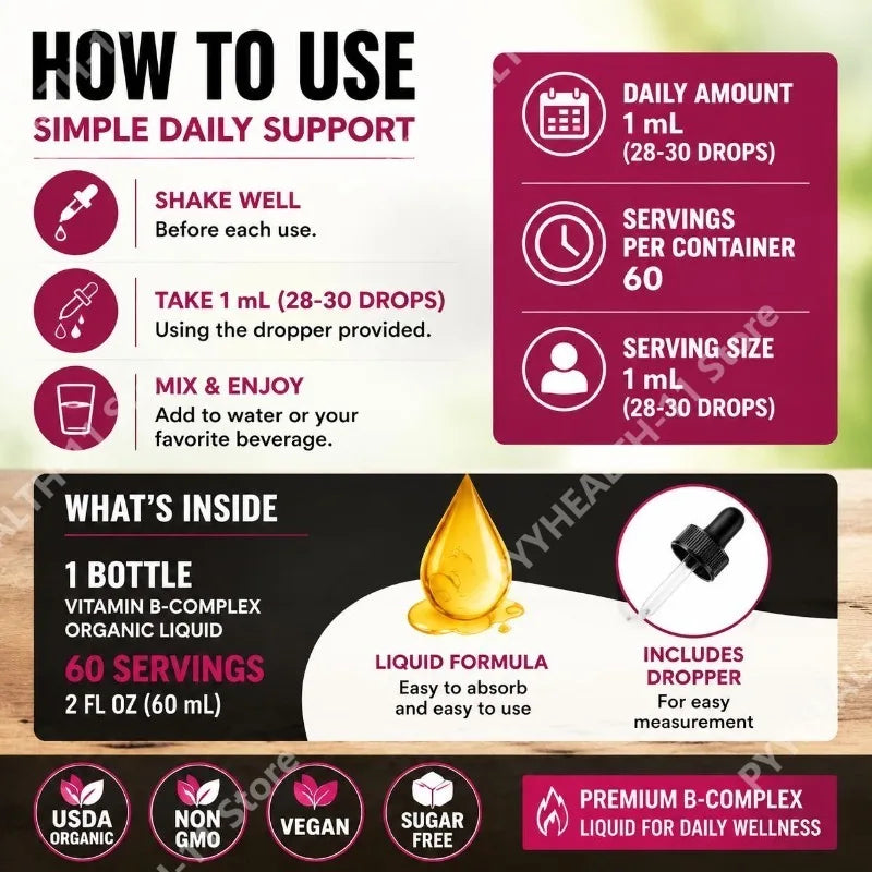 8-in-1 Organic Vitamin B Complex Liquid Drops | B12 Biotin 60mL Liquid B Vitamin Complex Oasis Select