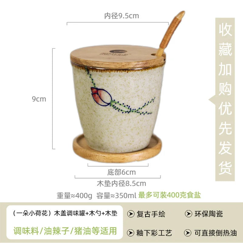 Ceramic Retro Seasoning Pot Hand-painted Salt Pot Oil Tank Pepper Pot for Kitchen Oasis Select spoon wooden mat 1