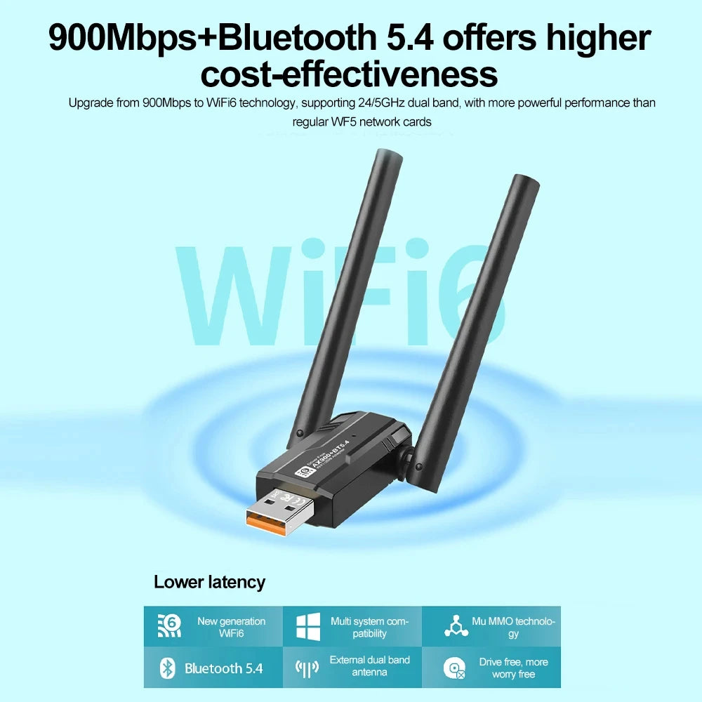 WiFi 6 AX900 Bluetooth 5.4 WiFi USB Adapter Wireless Network Card 2.4G 286Mbps & 5GHz 600Mbps Only for Win10/11 PC/Laptop Oasis Select