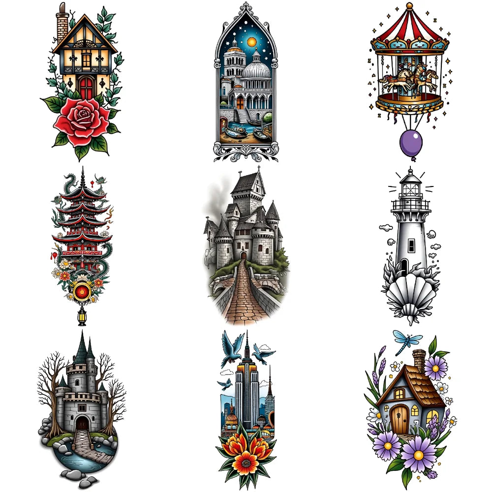 9-Pack Japanese Pagoda & Lighthouse Temporary Tattoos