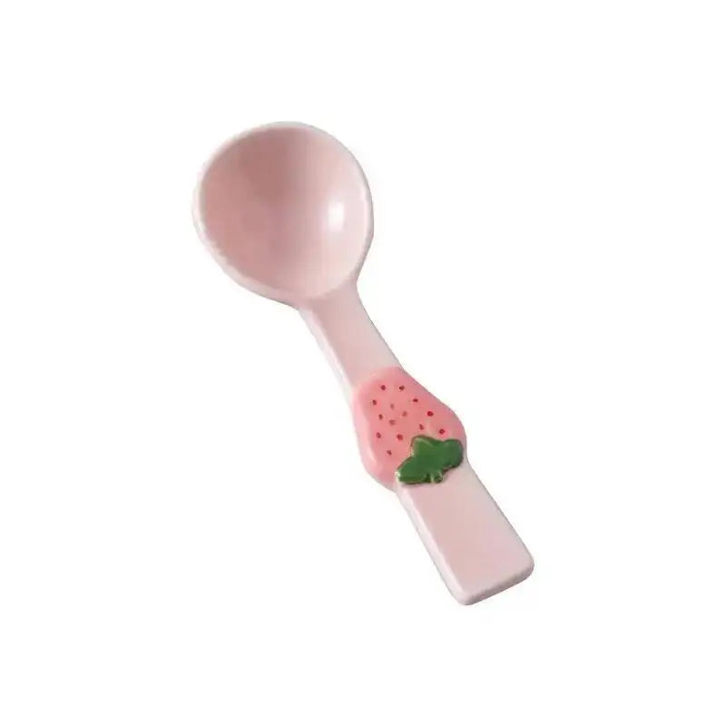 Strawberry Bowknot Spoon Creative Girly Ceramic Spoon High-Value Long Handle Dessert Spoon Kitchen Tablewear Oasis Select