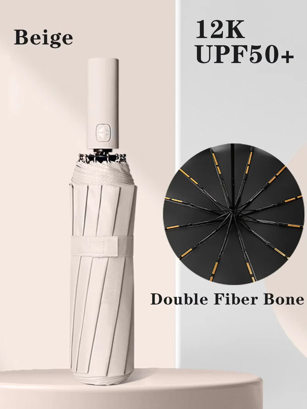 Black Glue Fully Automatic Umbrella - Thick Durable Three-Fold UV Resistant Folding Design for Protection And Style Oasis Select Beige