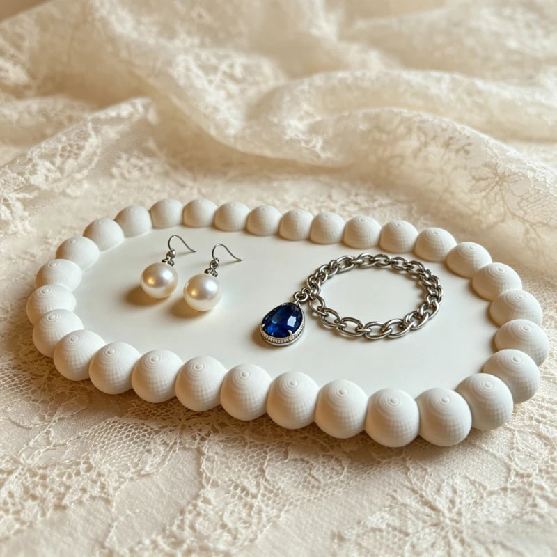 Trending White Beaded Decor Tray Jewelry & Ring Organizer Desktop Storage Tray with Artistic Aesthetic Home Decor Oasis Select