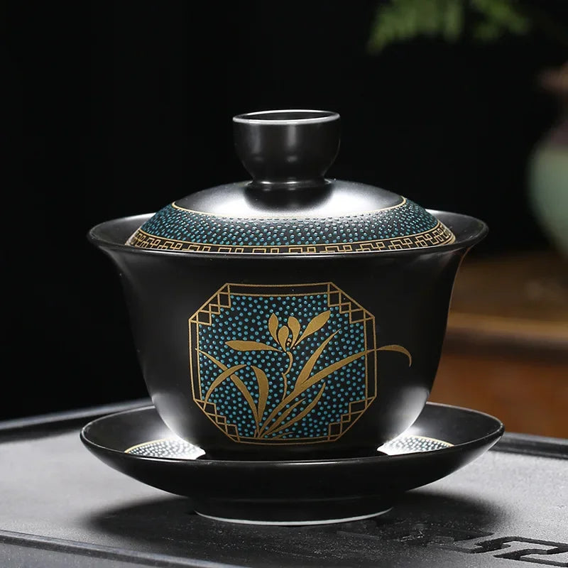 Chinese Teaset Classical Gaiwan Tea Cups Black Clay Tureen Lid Bowl Saucer Traditional Handmade Tea Brew Tea Cup Oasis Select C