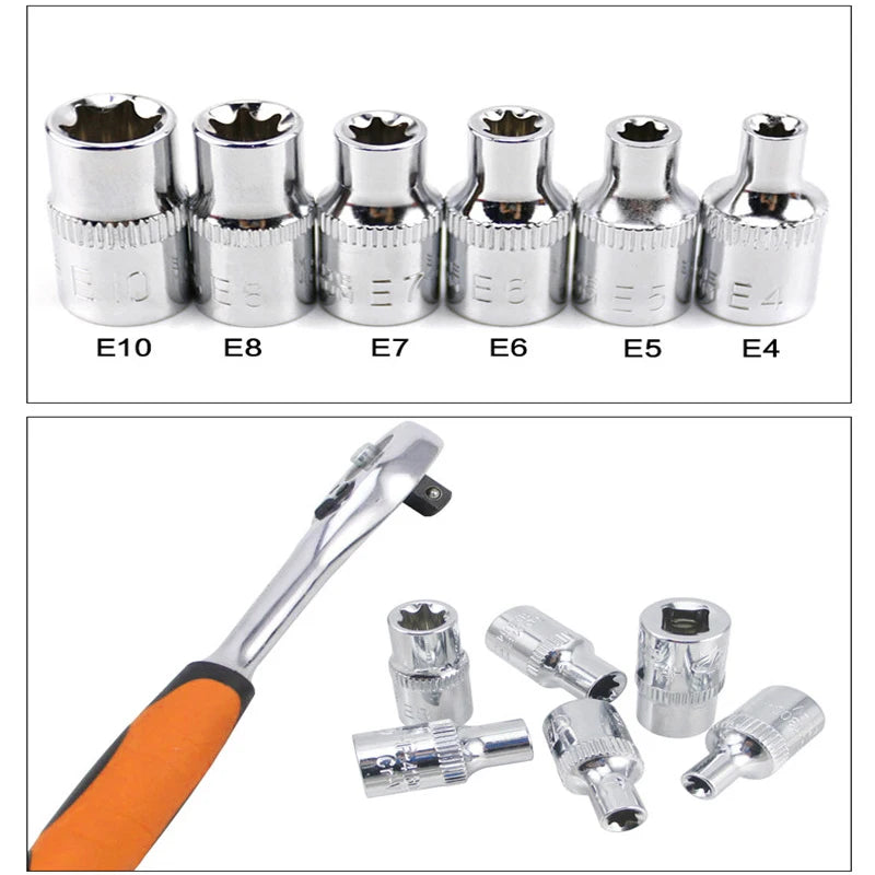 6pcs 1/4Inch Drive Socke Set For Torx Star Female Bit E Socket Wrench Set E4 E5 E6 E7 E8 E10 Car Repair Tools Oasis Select