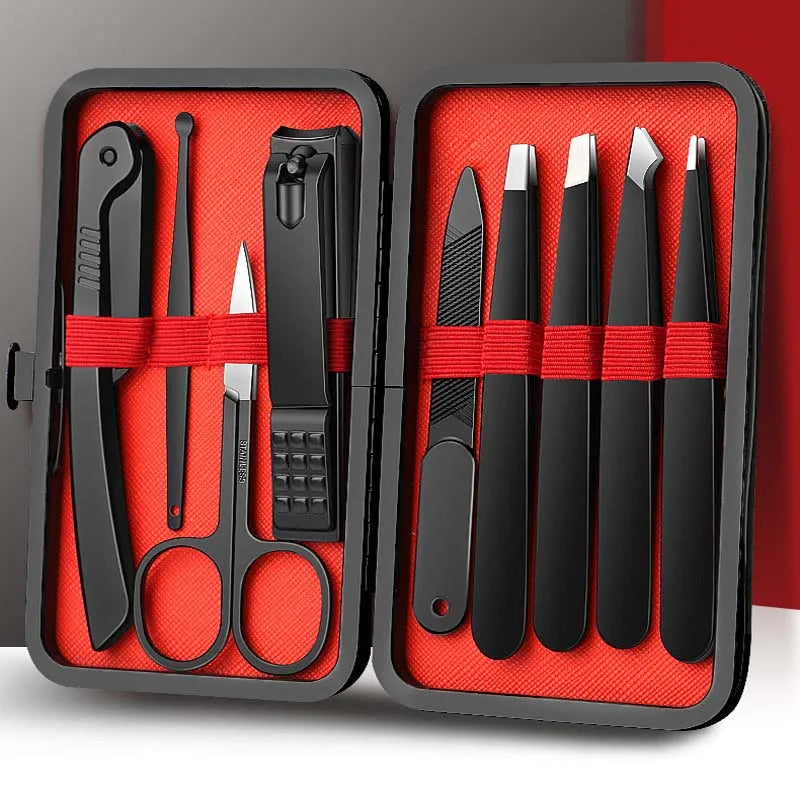 9-Pc Stainless Steel Tweezers & Nail Scissors Kit | Leather Case