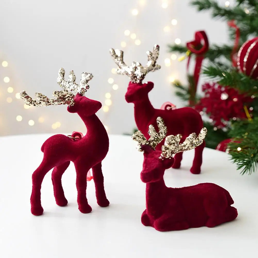 1PCS House Tabletop Decor Hanging Baubles Flocking Mini Deer Pendant Elk Christmas Reindeer Deer Ornaments Decorations Oasis Select
