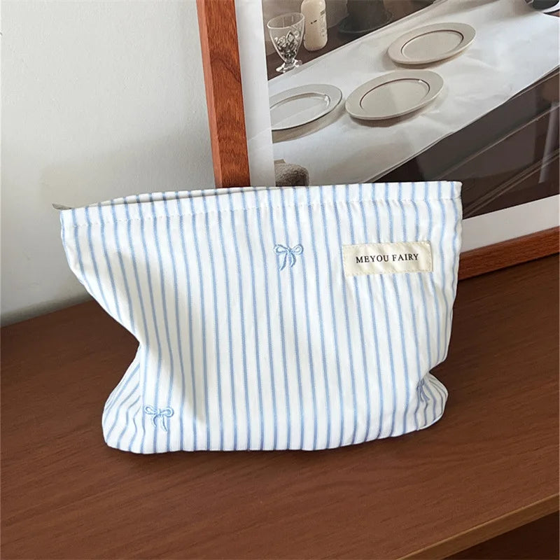 Fashion Women Bow Stripe Makeup Bag Portable Toiletry Lipsticks Cosmetic Storage Pouch Clutch Bag Ladies Organizer Handbag Oasis Select Light Blue A