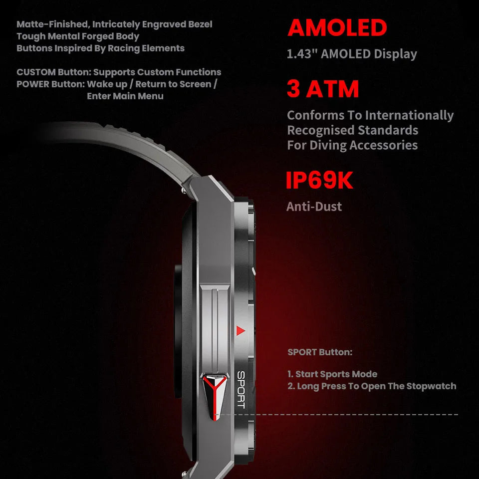 3ATM Waterproof Smart Watch Men GPS AMOLED Screen Smartwatch Compass Altitude Air Pressure BT Call 480mAh Sports Health Monitor Oasis Select