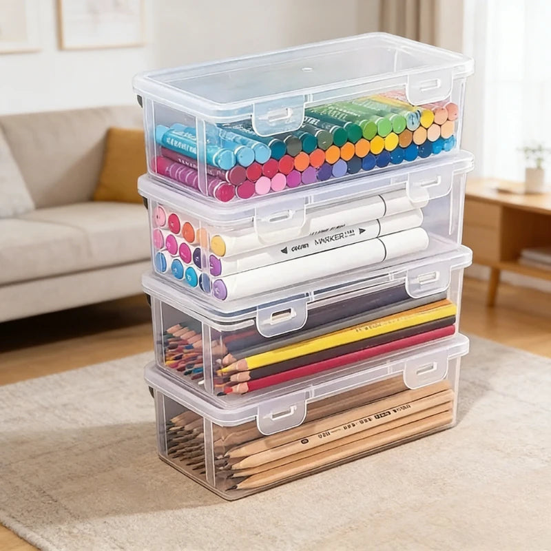 4 Pack Clear Plastic Storage Boxes with Lids, Stackable Transparent Organizer Containers for Office Supplies, Art Crafts,Pencils Oasis Select