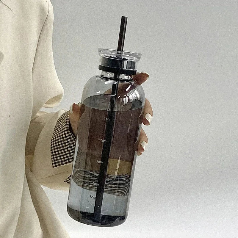 300/500/750ml Large Glass Water Bottle with Straw 2 Lids Clear Kawaii Drinking Bottle Leakproof Iced Coffee Cup for Woman Girl Oasis Select Black-700ML <0.25L