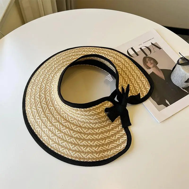 Women's Wide Brim Empty Top Straw Sun Visor Cap Summer UV Protection Foldable Casual Beach Travel Hat Oasis Select Beige