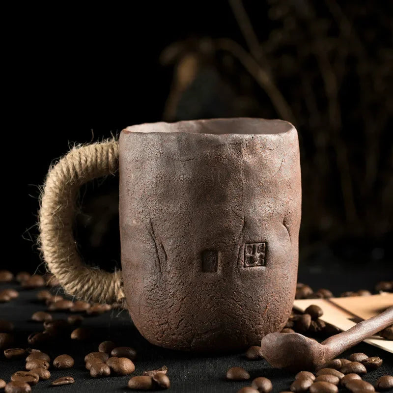 Handmade thick ceramic mug with lid spoon creative tie rope ceramic large capacity Japanese coffee cup cups Oasis Select