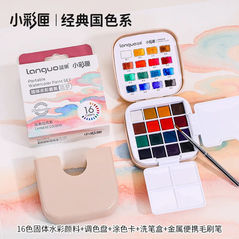 Travel Sketching Painting Kit Tool Watercolor Pigments Art Suppies 16Colors Mini Portable Solid Watercolor Paint Set with Brush Oasis Select Color2