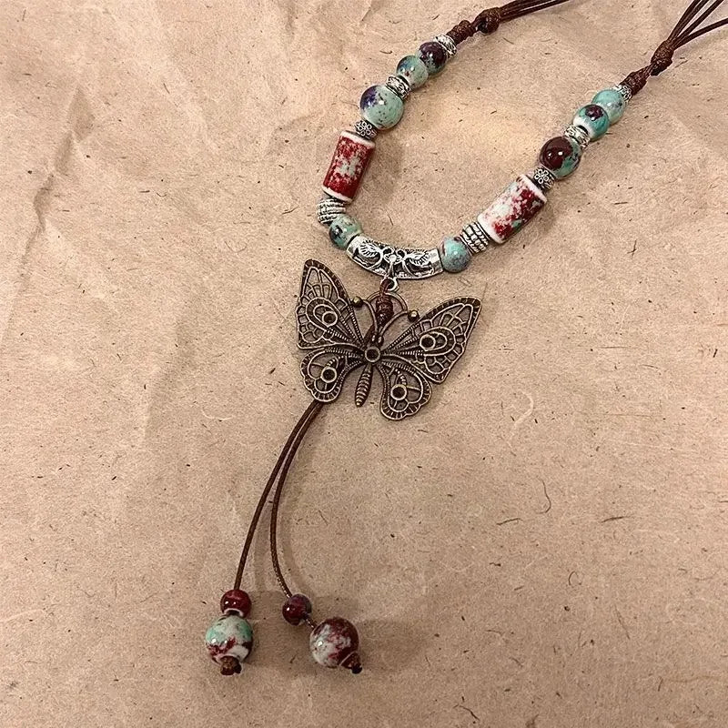 Vintage Ceramic Butterfly Pendant Necklace for Women 2025 New Chinese Ethnic Style Long Sweater Chain Necklace Jewelry Accessory Oasis Select