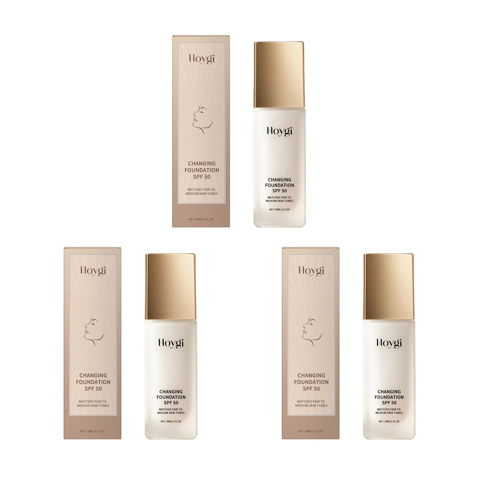 Hoygi SPF50 Liquid Concealer Foundation – Matte Oil Control Liquid Foundation Oasis Select 3 x 30ml Boxed