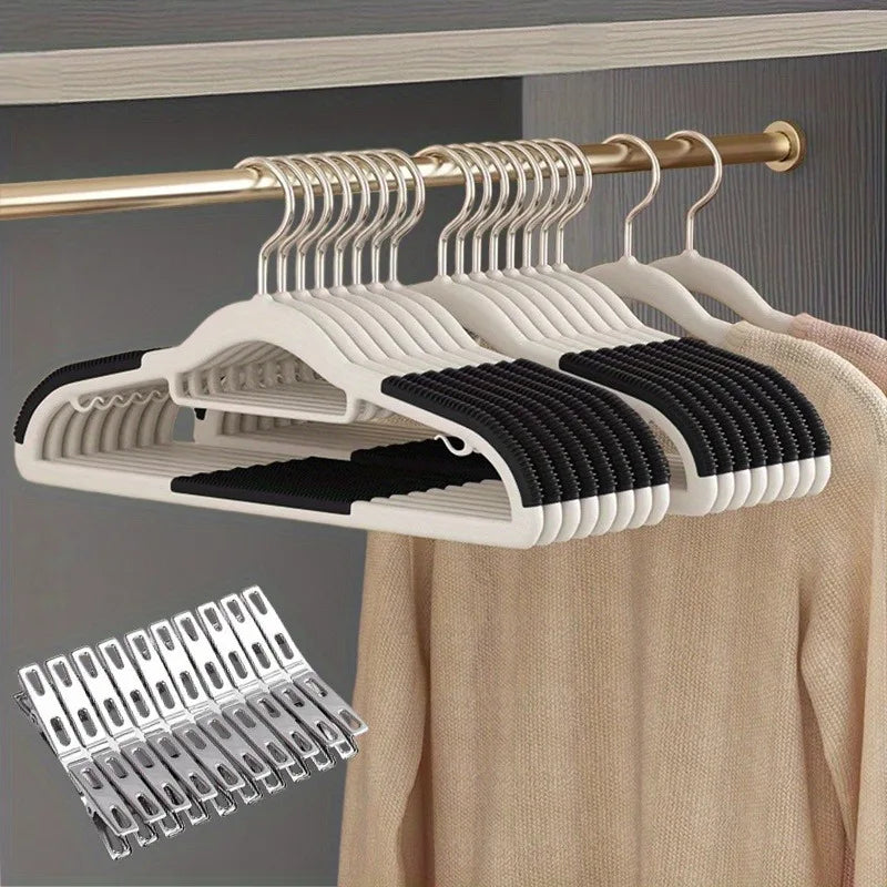 30pcs（10 hangers+20 clips） Anti Slip Hangers Set - Heavy Duty Velvet Clothing Hangers for Wardrobe, Multiple Colors Oasis Select black