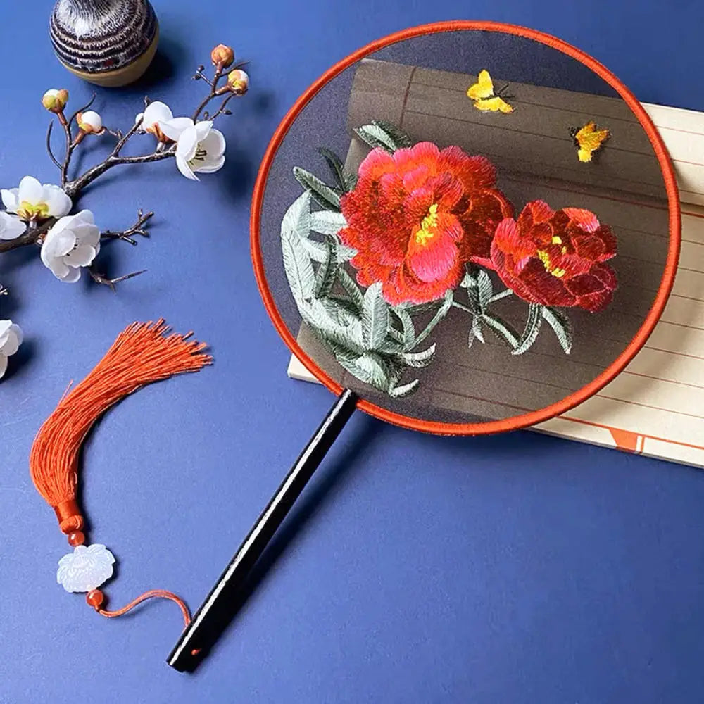 Red Flower Silk Fan Double Sided Embroidery Round Fan Chinese Palace Hanfu Hand Fan Craft Wedding Gift For Guests Home Decor Oasis Select K CHINA 1PC