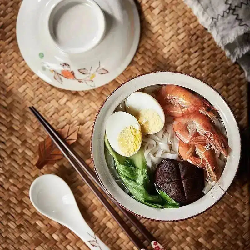 Japanese Instant Ramen Bowl With Lid Retro Ceramic Large Capacity Noodle Salad Soup Bowls Household KitchenTableware Supplies Oasis Select