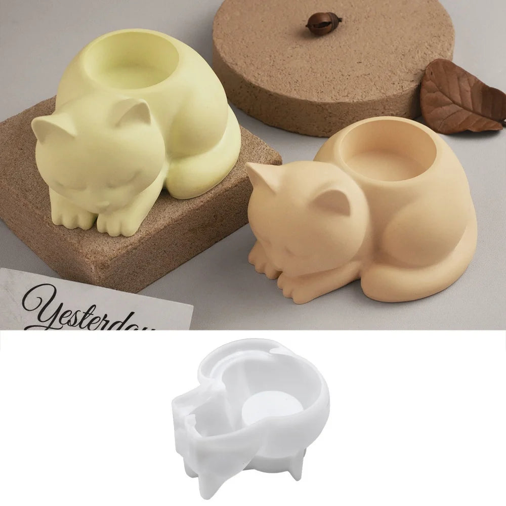 3D Cat Candle Holder Silicone Mold Candlestick Jar Cup Silicone Mould Animal Shaped Storage Box Molds Home Decoration Oasis Select