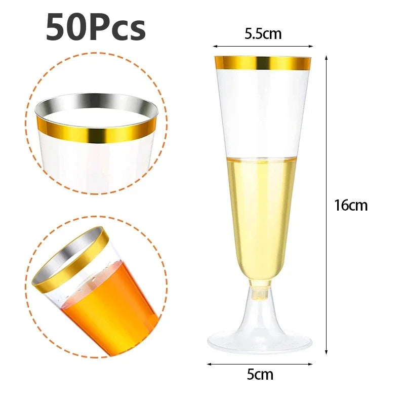 50pcs Champagne Flutes Cups Disposable Plastic Wine Glasses Clear Toasting Glasses Cocktail Cups for Bar Weddings Party Oasis Select Gold-rim-50Pcs 25pcs