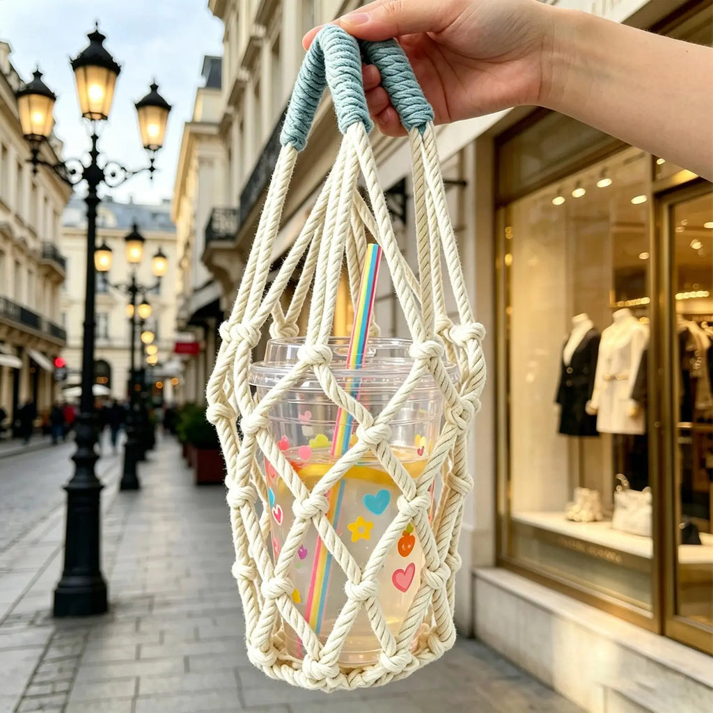 Handwoven Water Bottle Carrier Bag – Foldable Mesh Cup Holder