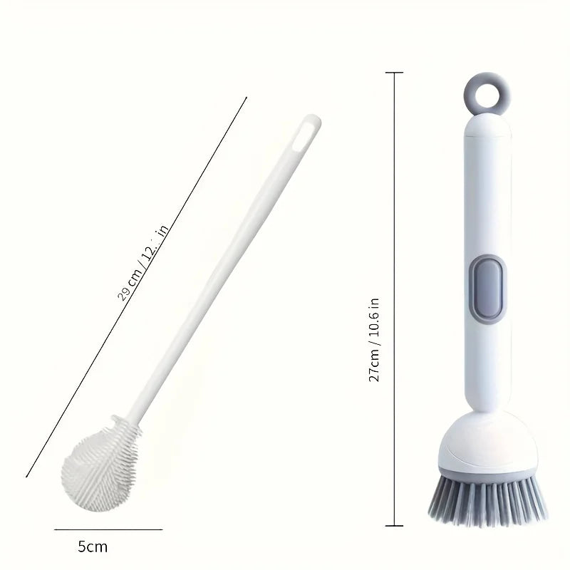 2pcs Heavy-Duty Dish Cleaning Brush Set with Detergent Dispenser - Rotating Scrubber & 2 Long Reach 90° Cup Brushe Oasis Select Light Grey