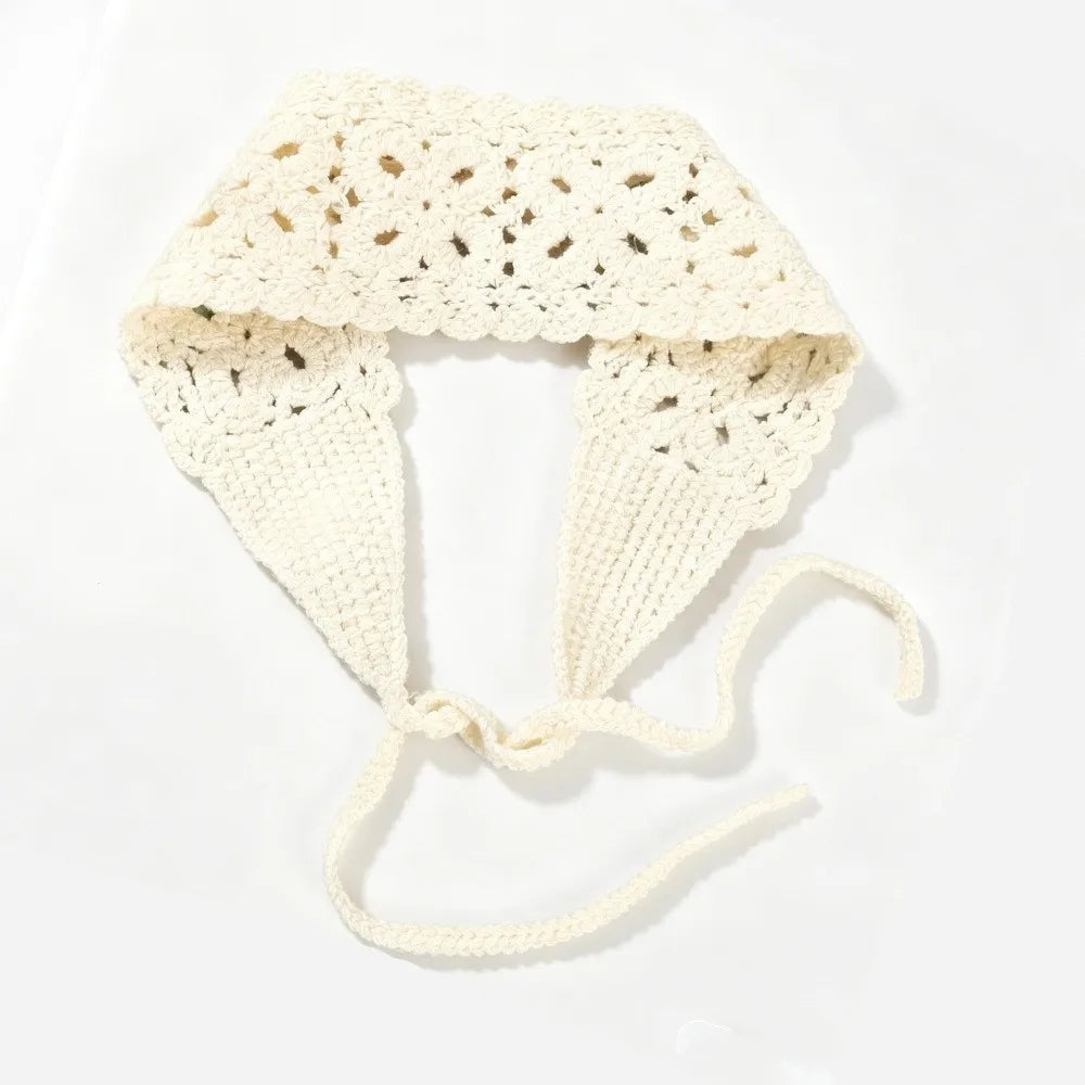 Boho Floral Headband Handmade Solid Color Knit Hair Band Hollow Out Crochet Hair Scarf Oasis Select White