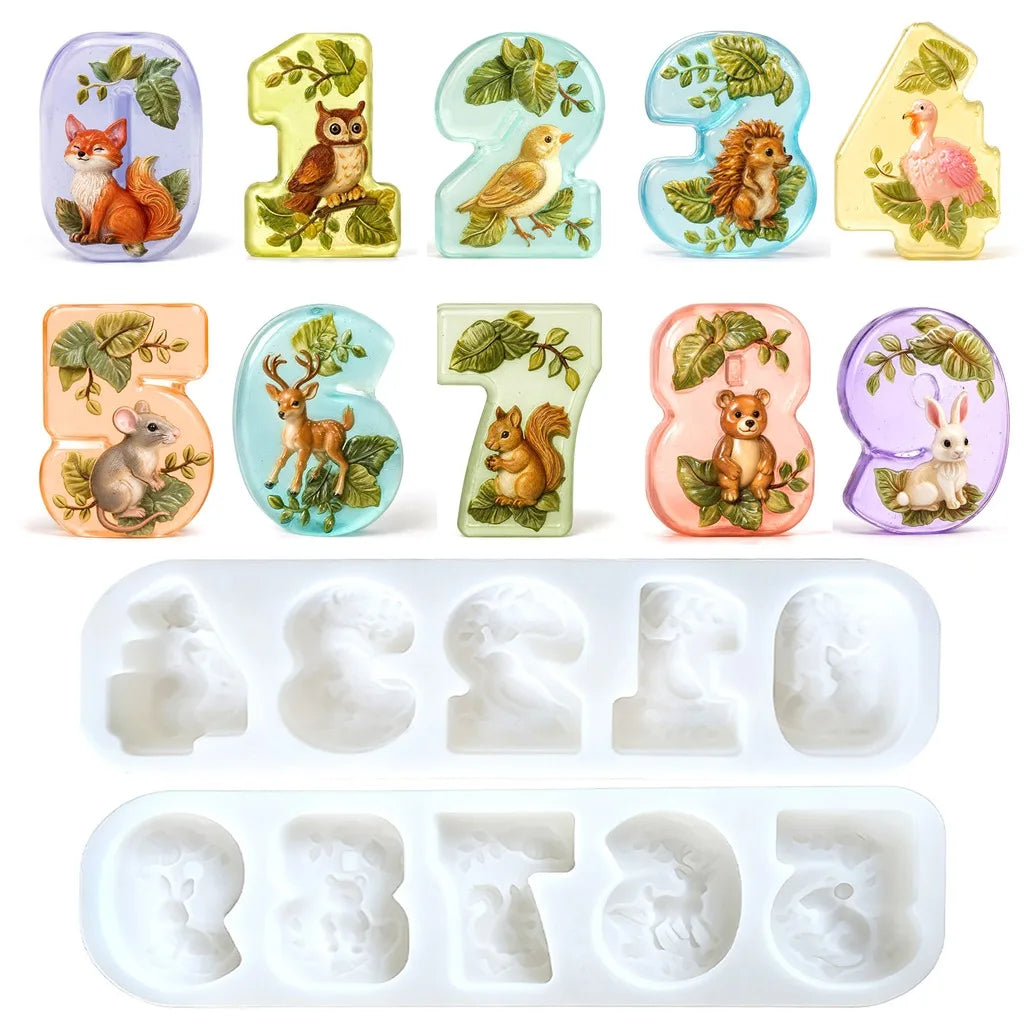Number 0-9 Silicone Mold Forest Animal Themed Candle Soap Resin Mold for DIY Handmade Chocolate Molds Birthday Cake Decorations Oasis Select