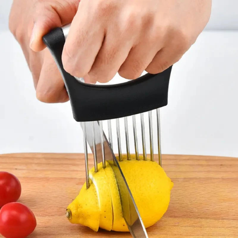 Stainless Steel Onion Cutter Holder Food Slicers Assistant Tomato Onion Slicer Holder Vegetables Cutting Fork Kitchen Gadgets Oasis Select