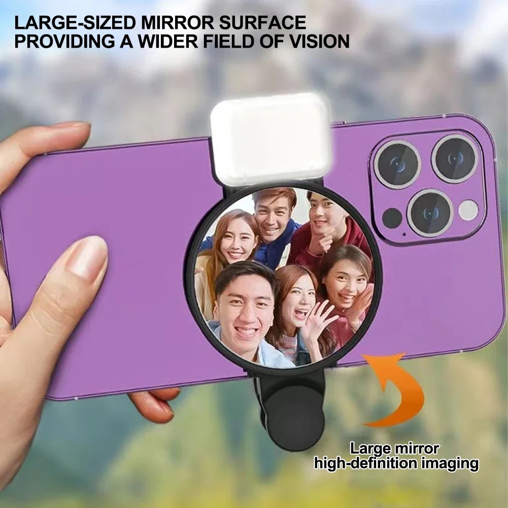 Clip-On Selfie Ring Mirror with Fill Light for Smartphone