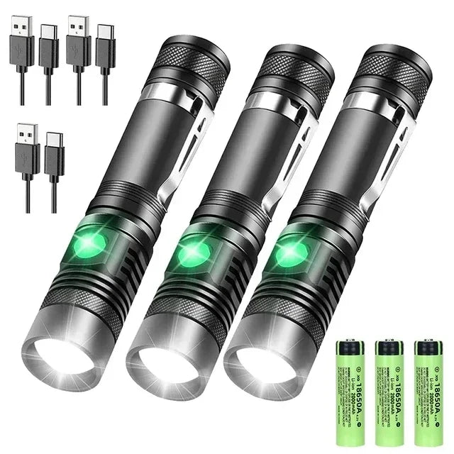 High Power Led Flashlights Zoomable Camping Torch With T6 LED Lamp Beads Waterproof 4 Lighting Modes Multi Function USB Charger Oasis Select U518 3PS with Battey