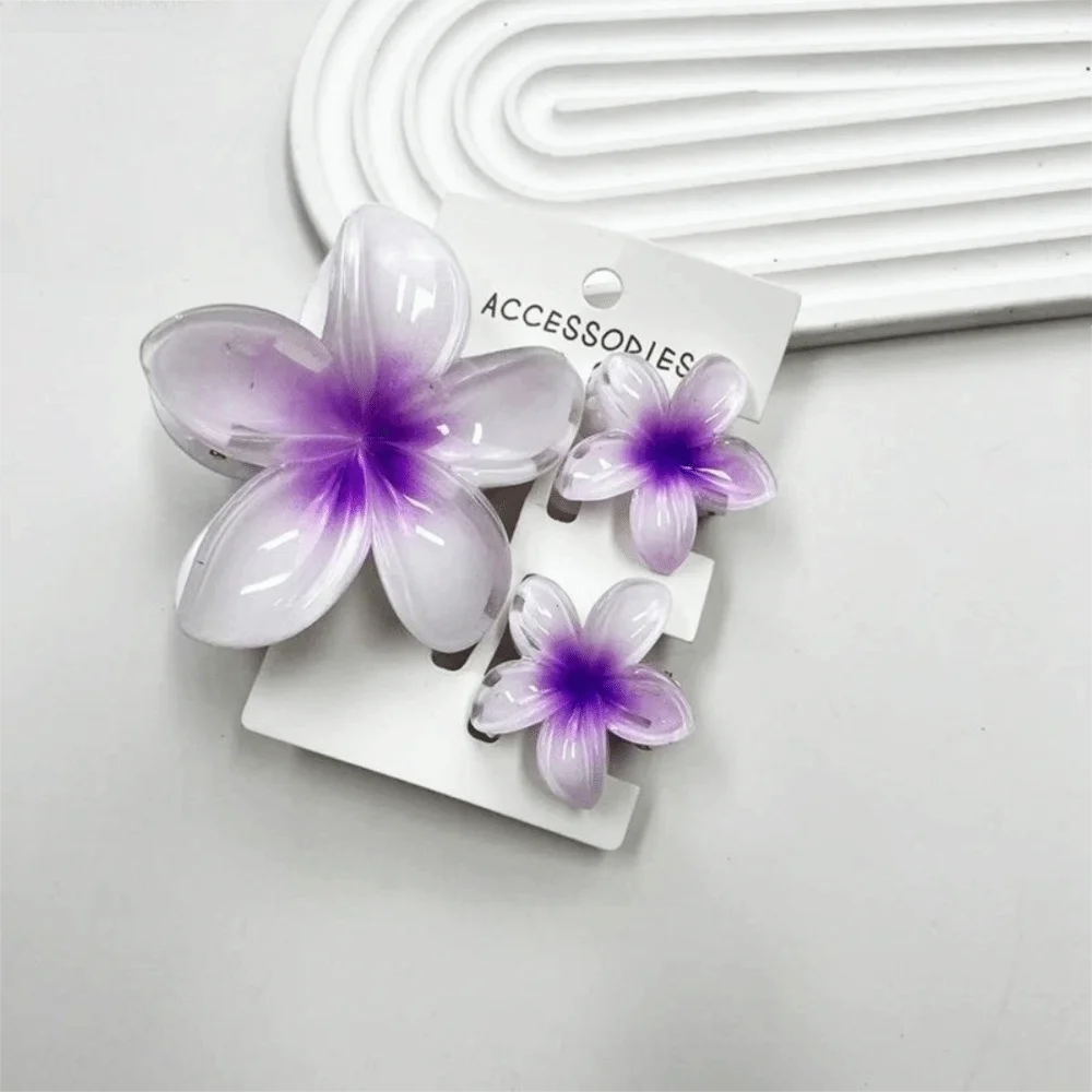 3Pcs/Set New Gradient Hair Claws Sweet Flower Plumeria Flower Hawaiian Flower Hair Clip Clamp Acrylic Hair Accessories Summer Oasis Select Purple1