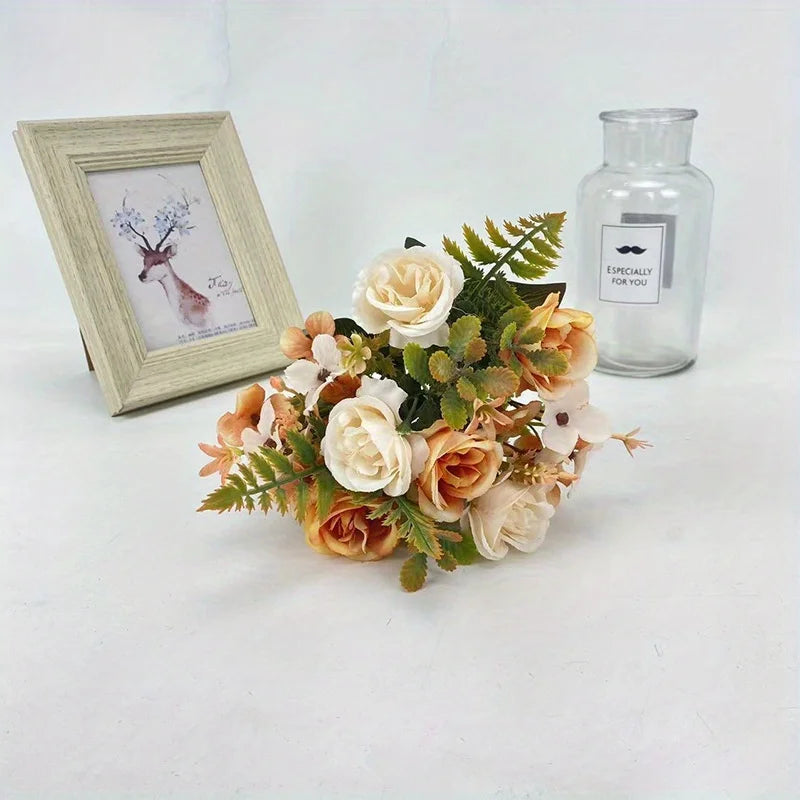 Heads pink Artificial Silk Rose Flowers Fake White Eucalyptus Peony Flower Bouquet, for Home Wedding Party Garden Decoration Oasis Select YELLOW