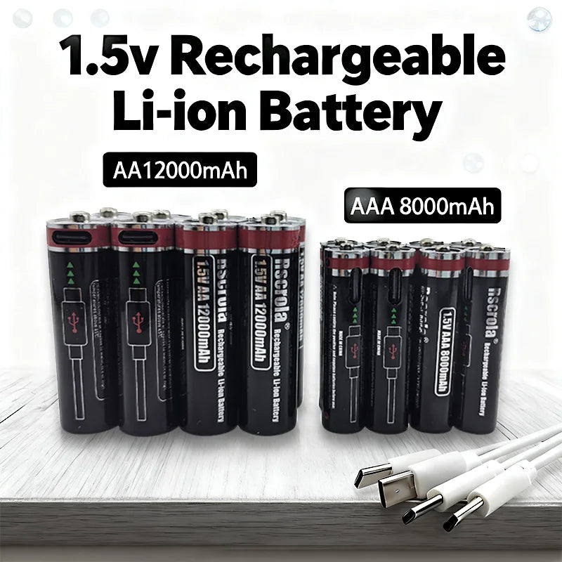 High Capacity 1.5V AA 12000mAh/AAA 8000mAh Rechargeable Lithium Battery Type-C Fast Charging for Remote control RC Mouse Toy Oasis Select