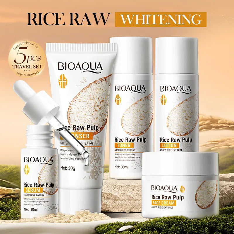 5pcs BIOAOUA Rice Raw Whitening Set Brighten Hydrating Moisturize Soothing Facial Cleanser+toner+essence+lotion+cream Skincare Oasis Select