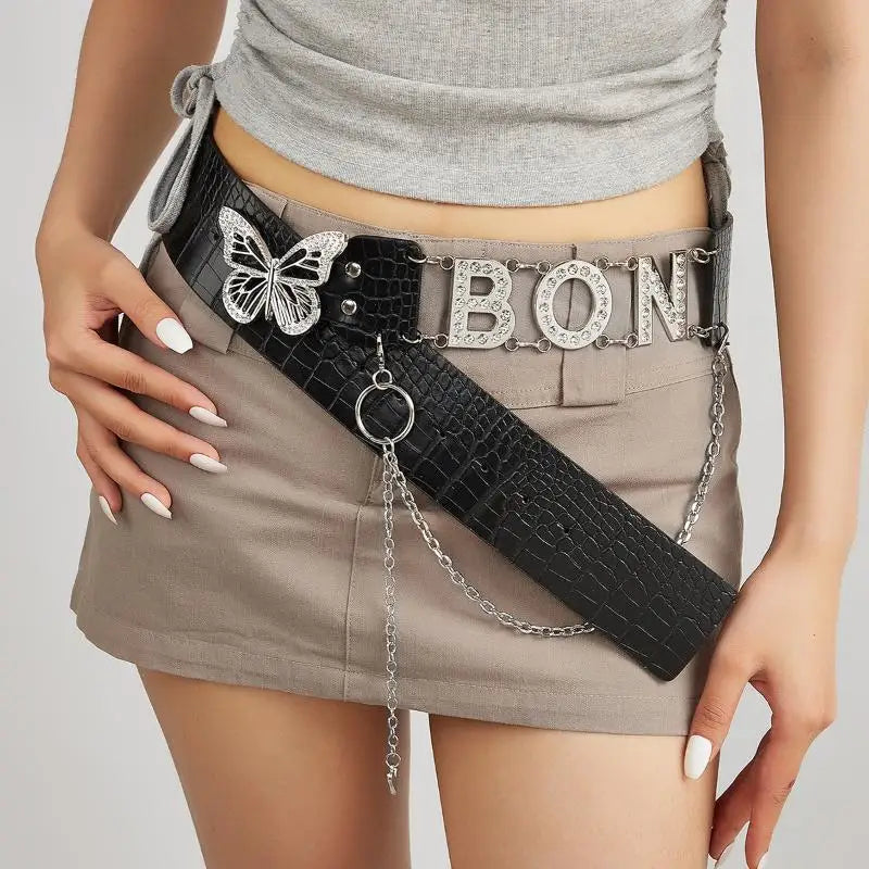 Rhinestone Y2K Letter Belt – PU Butterfly Chain Women's Belt Fashion Belt Oasis Select A7