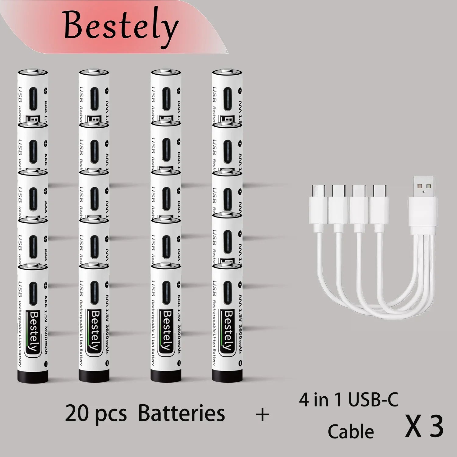 New USB-C 1.5v AAA 3600mAh Rechargeable Lithium ion Battery,Rechargeable AAA Li-ion Type-C Battery,2000 times cycle with Cable Oasis Select 20 pcs Batteries
