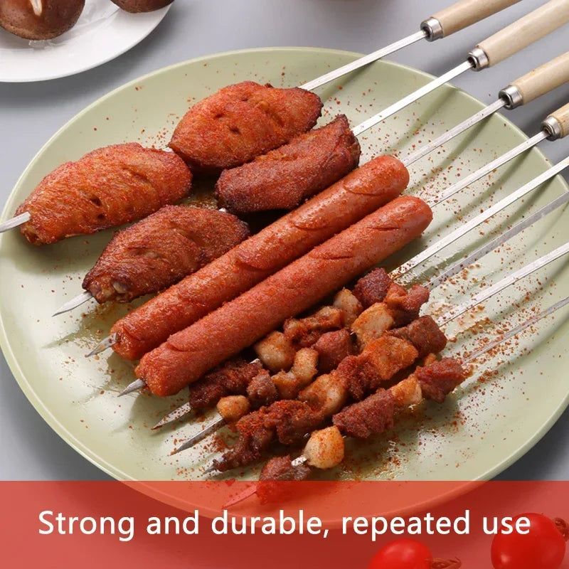 Wooden Handle Anti-scalding Barbecue Skewers Can Be Reused 304 Stainless Steel Metal Barbecue Skewers Wide Skewers Oasis Select
