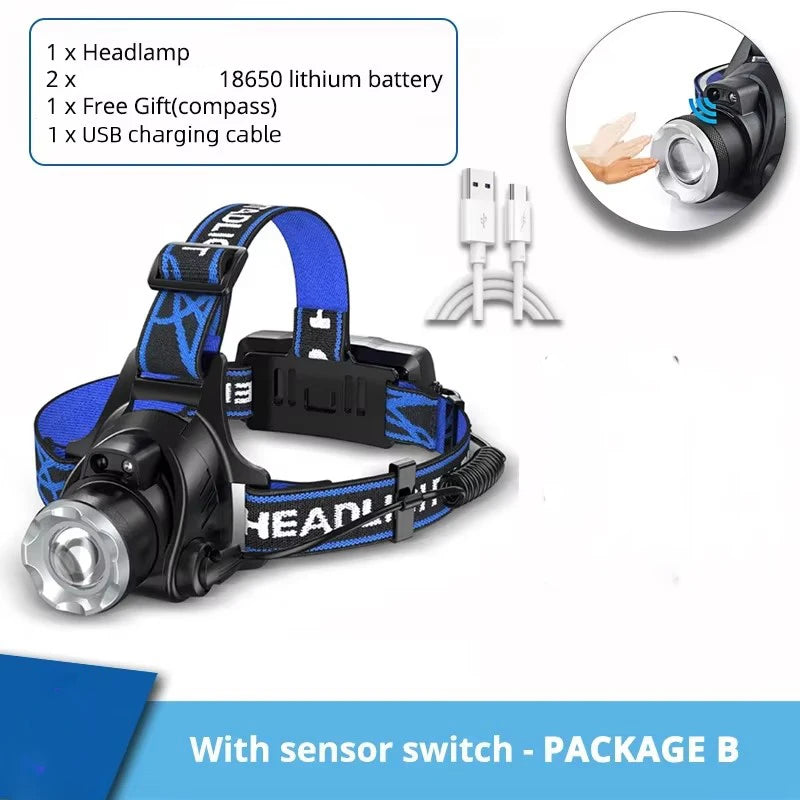 High Power LED Headlamp Fishing Headlight 3 Modes Zoomable Waterproof Super Bright Camping Light Powered by 2x18650 Batteries Oasis Select 2816 With sensor B