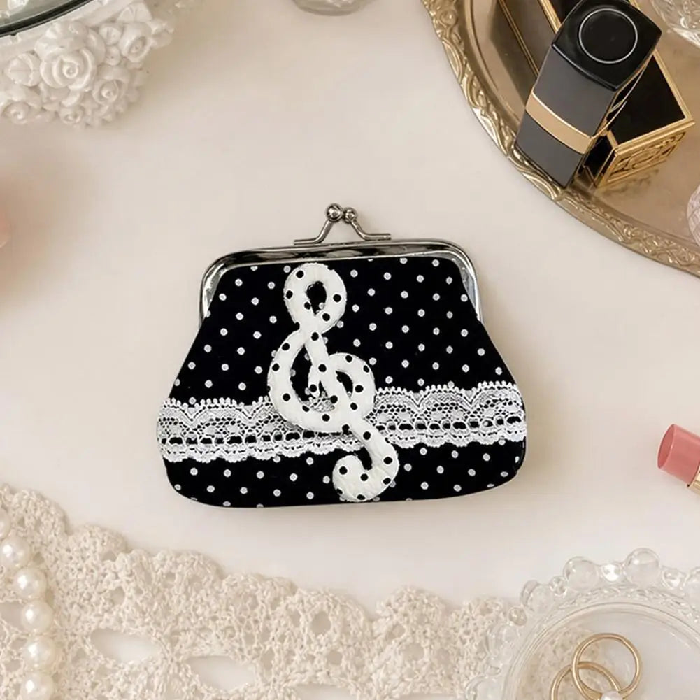 Retro Mini Pouch Polka Dot Coin Bag Women's Small Wallet Lace Decor Music Note Pendant Portable Storage Organizer Oasis Select