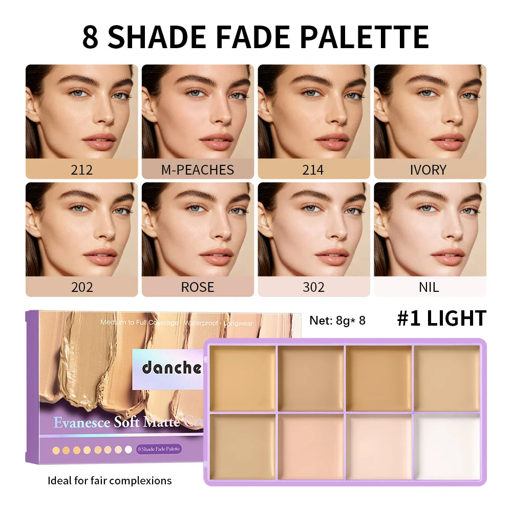 8-Shade Matte Cream Concealer Palette – Full Coverage, Waterproof