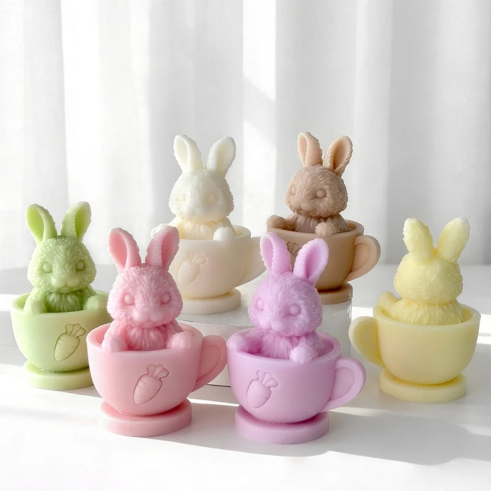 3D Tea Cup Rabbit Candle Silicone Mold DIY Bunny Plaster Mould Soap Resin Crafts Mold Ornament Easter Decoration Home Gift Oasis Select