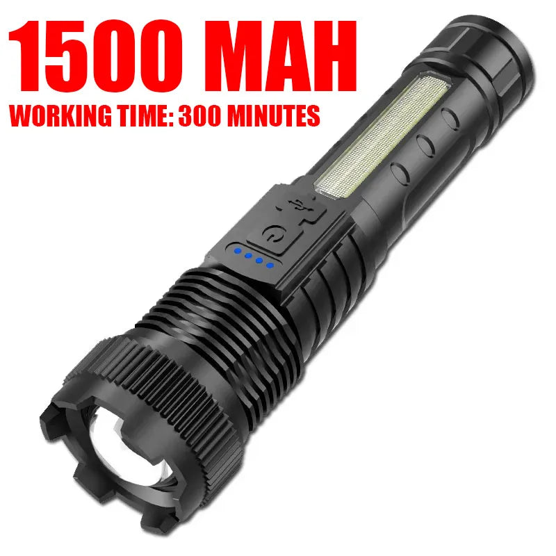 Super Bright LED Flashlight USB Rechargeable High Power Tactical Zoom Torch Waterproof Handheld Light Outdoor Camping Lantern Oasis Select 1500MAH battery