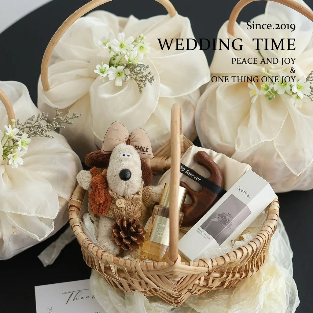 Rattan Gift Basket with Floral Decor | Wedding & Holiday Hamper
