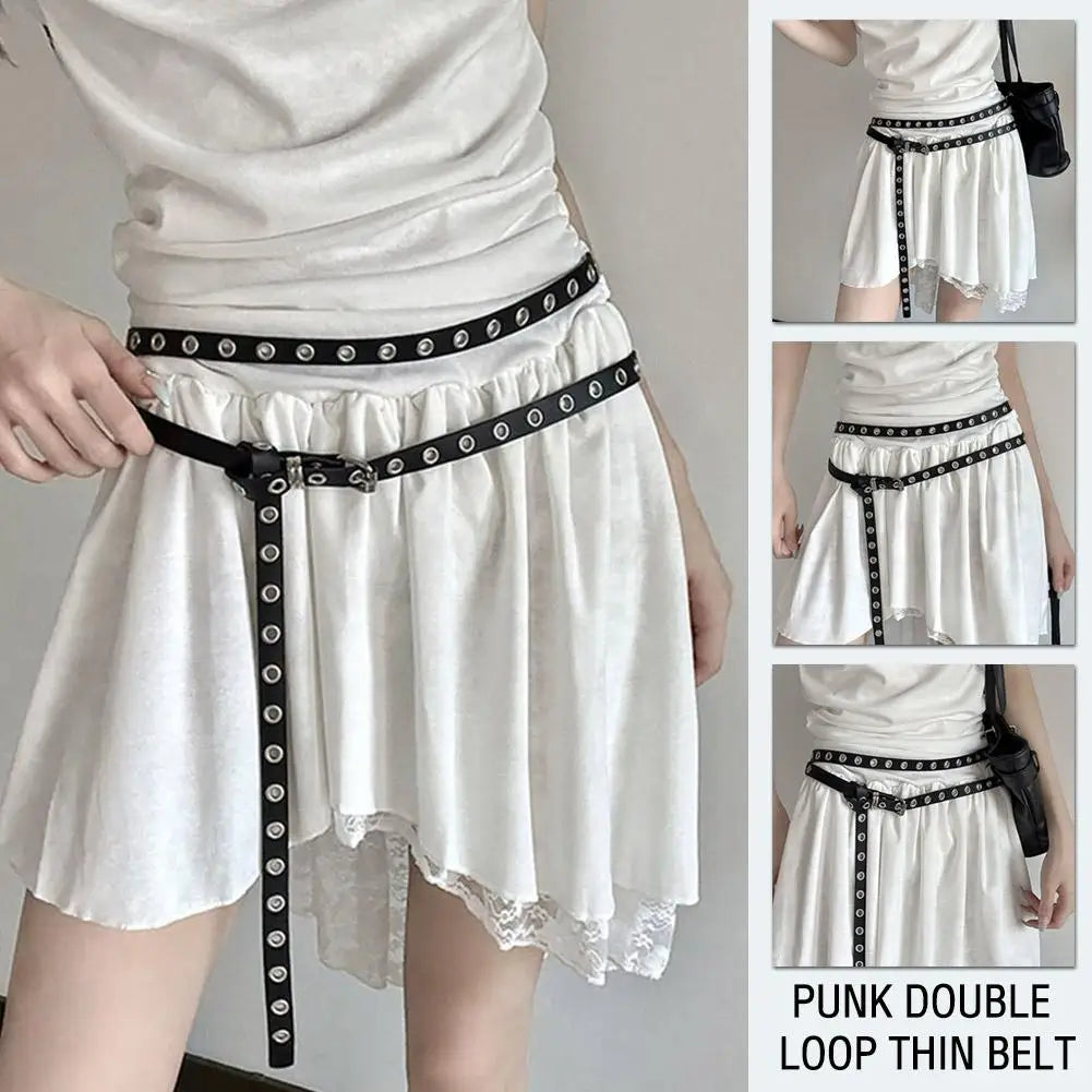 Punk Double Ring Thin Belt – PU Leather Women's Waistband