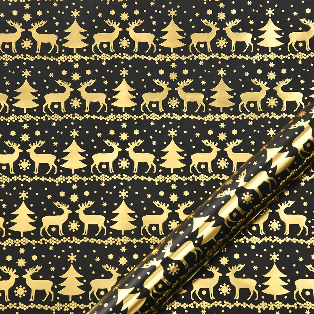 Black and Gold Foil Christmas Wrapping Paper – Reindeer & Snowflake Design on Glossy Coated Sheets for Holiday Gifts Oasis Select Style 1-50x70cm