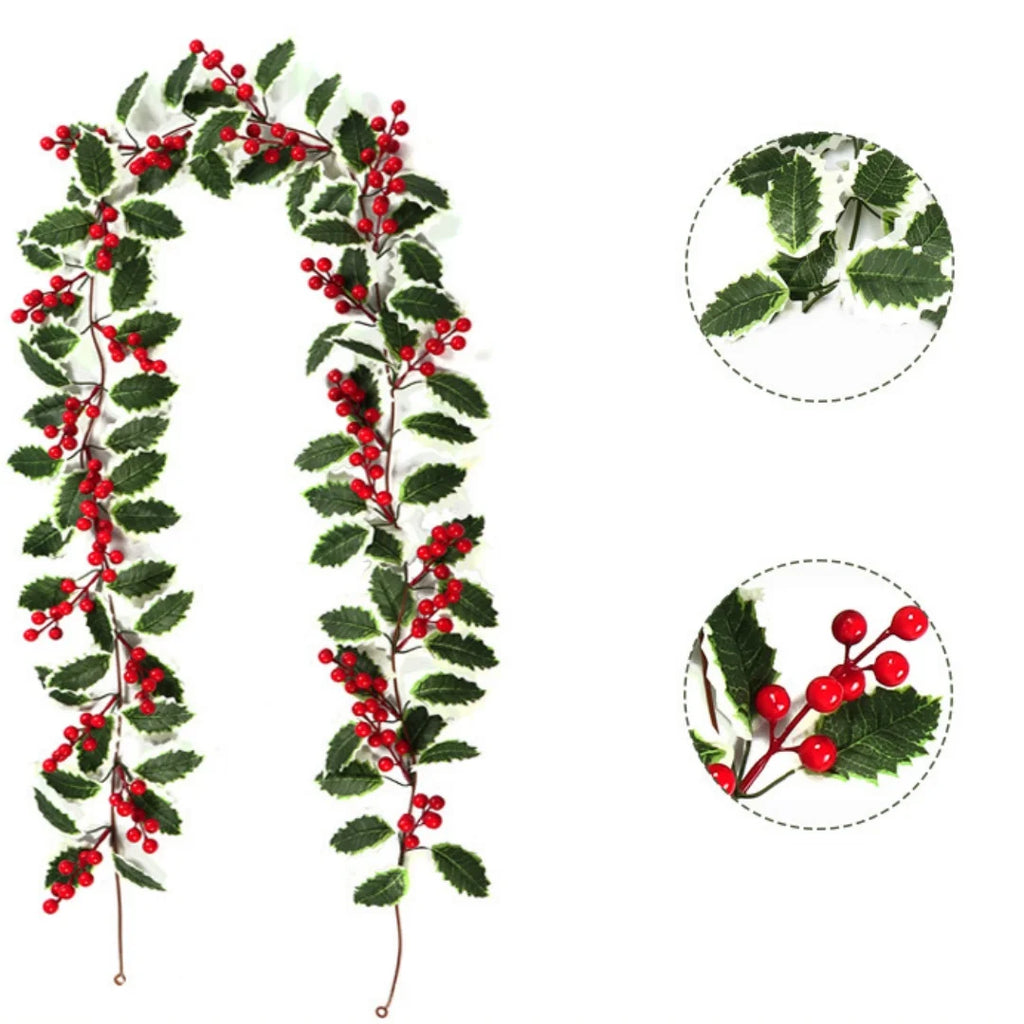 2M Christmas Garland String Light Artificial Red Berry Holly Leaves DIY Rattan Wreath For Xmas New Year Holiday Home Decoration Oasis Select Style 6