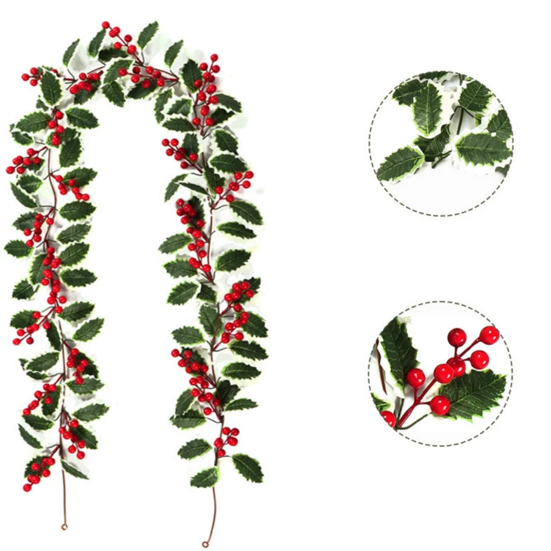 2M Christmas Garland String Light Artificial Red Berry Holly Leaves DIY Rattan Wreath For Xmas New Year Holiday Home Decoration Oasis Select Style 6