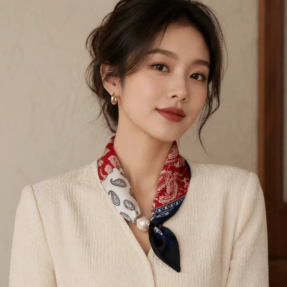 Elegant Breathable Silk Scarf Pearl Buckle Printed Magnetic Snap Scarf Lightweight Thin Faux Pearl Scarf for Women Accessories Oasis Select